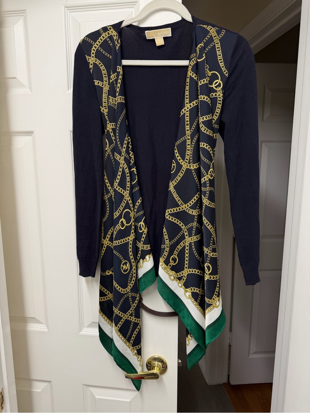 Michael Kors Navy Gold Chain Equestrian Print Satin Drape Cardigan Size S - Picture 2 of 10